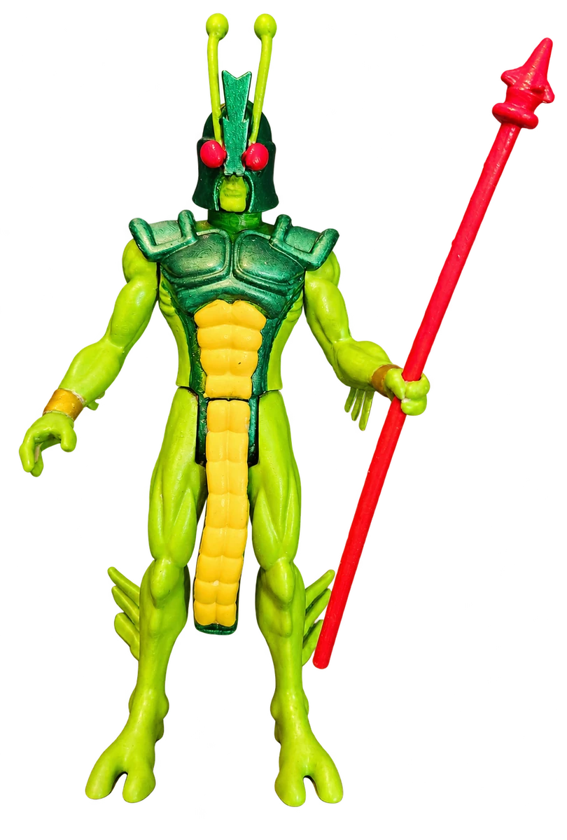 Bug with green armor and a red spear